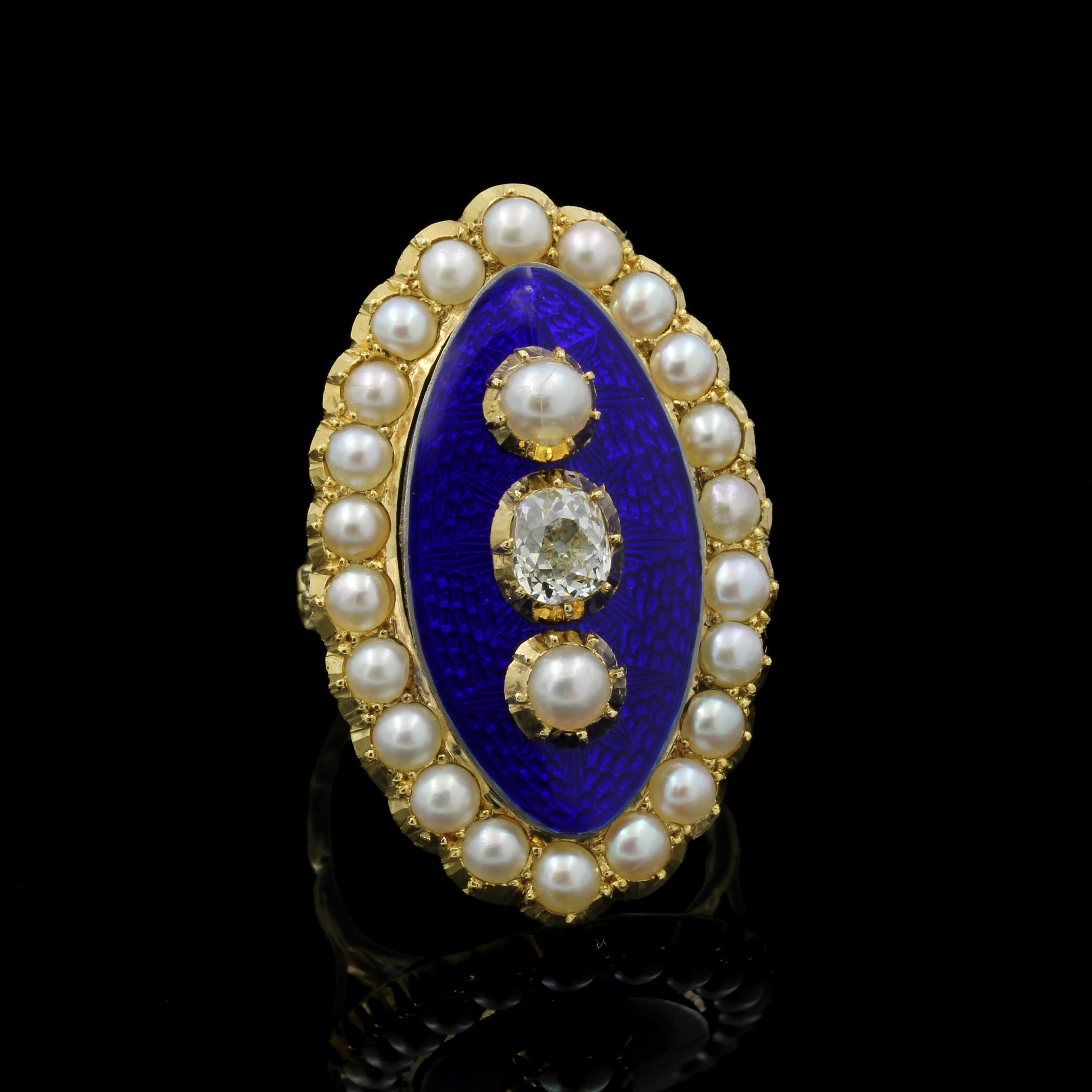 18K Antique Victorian Diamond Blue Enamel Seed Pearl Size 6.25