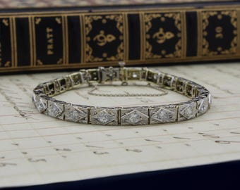 14k Gold & Platinum Round Diamond Art Deco Die Struck Antique Bracelet
