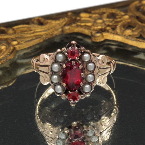 10K Art Nouveau Ruby and Seed Pearl Ring | Etsy