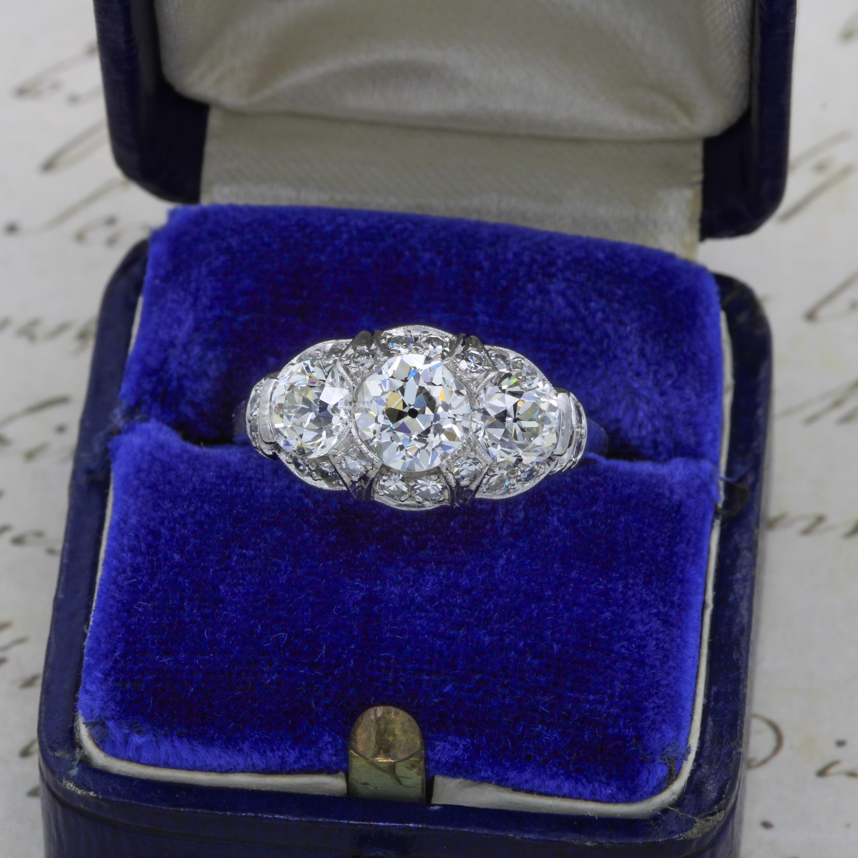 Edwardian Plat 2.46ctw Old Euro & Single Cut Diamond 3 Stone Sz 7 Ring