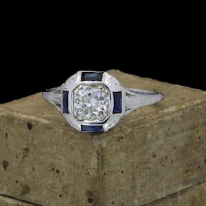 Art Deco Platinum Die Struck Diamond Lab Created Sapphire Sz 7.5 Filigree Ring