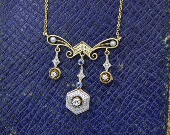 Antique Edwardian 14k Gold Diamond Sapphire Pearl Pendant Necklace