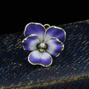 Antique 14k Yellow Gold Art Nouveau Round Diamond Floral Enamel Pansy Pin Brooch