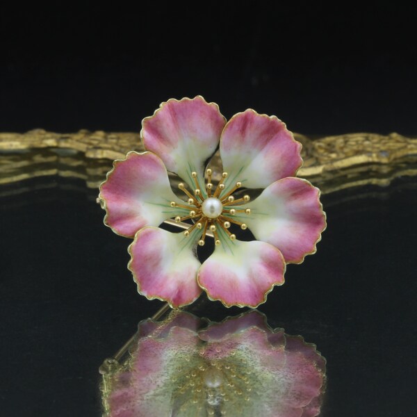 Vintage 14k goud roze yuletide camellia bloem geëmailleerd zaad parel broche