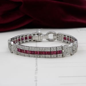 Art Deco 18k White Gold Ruby & Diamond Bracelet, 3.50ctw Ruby 1.25ctw Diamonds, Vintage Size 7 Fine Jewelry