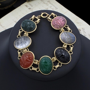 14K Yellow Gold Multi Gemstone Oval Cabochon Scarab Bracelet Size 7.5&quot;