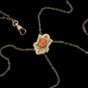 May include: A gold-toned necklace with a central pendant featuring an oval, orange-red cameo. The pendant is set within a decorative frame with black accents and attached to a delicate chain. The background is black.