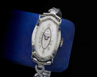 Art Deco Helsbro Damenuhr | 18K Weißgold, Synthetische Saphire