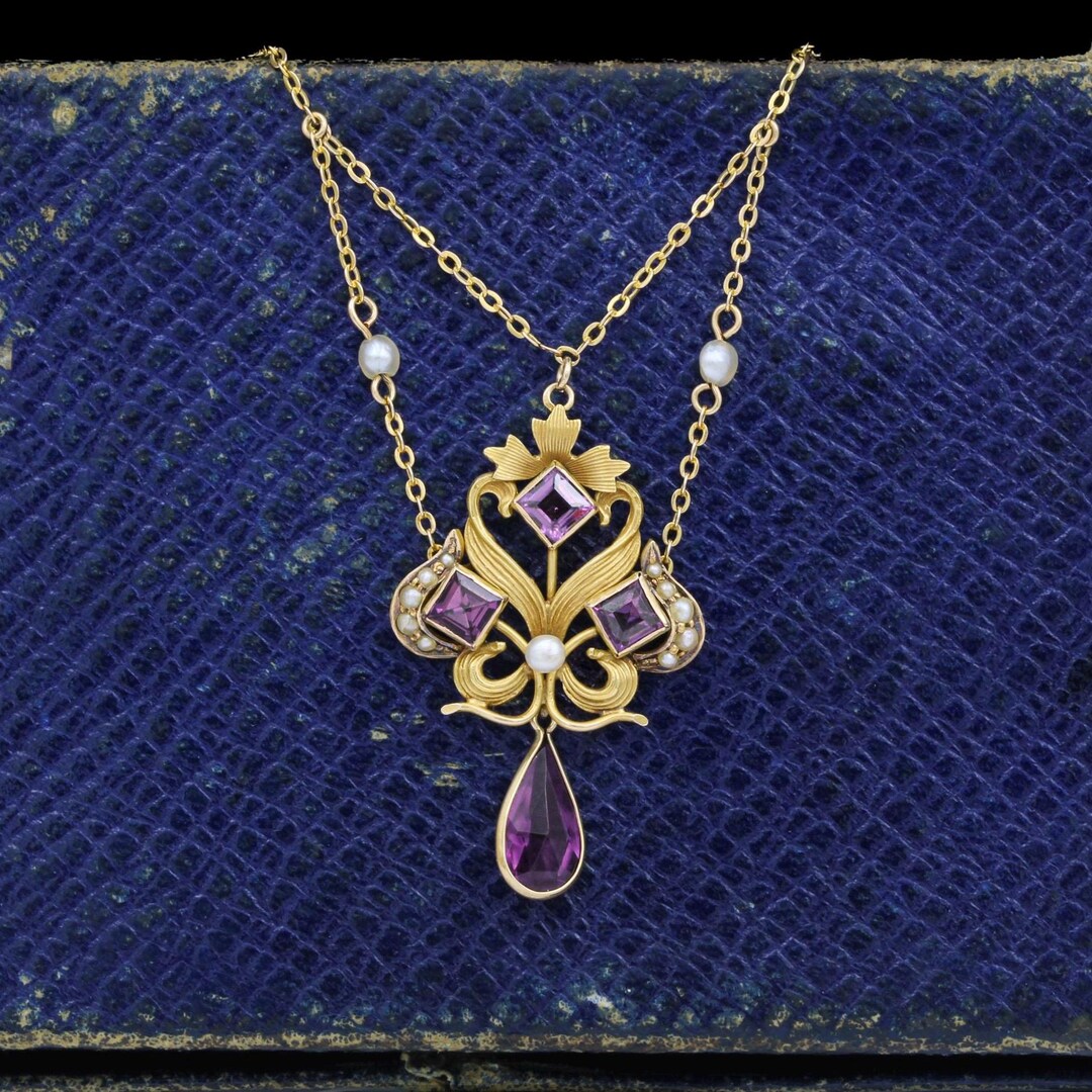 Antique 14k Yellow Gold Art Nouveau Purple Stone Seed Pearl Festoon ...