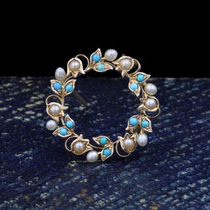 Antique 14k Yellow Gold Victorian Turquoise Cabochons Seed Pearl Foliage Brooch