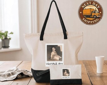 Custom Vintage Photo And Year Tote Bag, Personalized Childhood Photo Gift, Nostalgic Memory Tote Bag, Nostalgic Birthday Gift