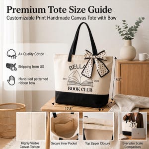 The image is a promotional image for a premium tote bag, featuring a detailed view of the bag's design and features.