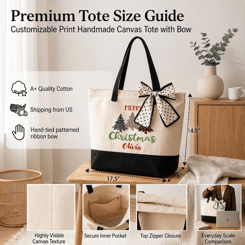 The image is a promotional image for a premium tote bag with a bow. It features a close-up view of the bag's design, including the bow, the tote's size, and the bag's features. The image also includes a comparison of the bag's size to other tote bags and a description of the bag's quality and features.