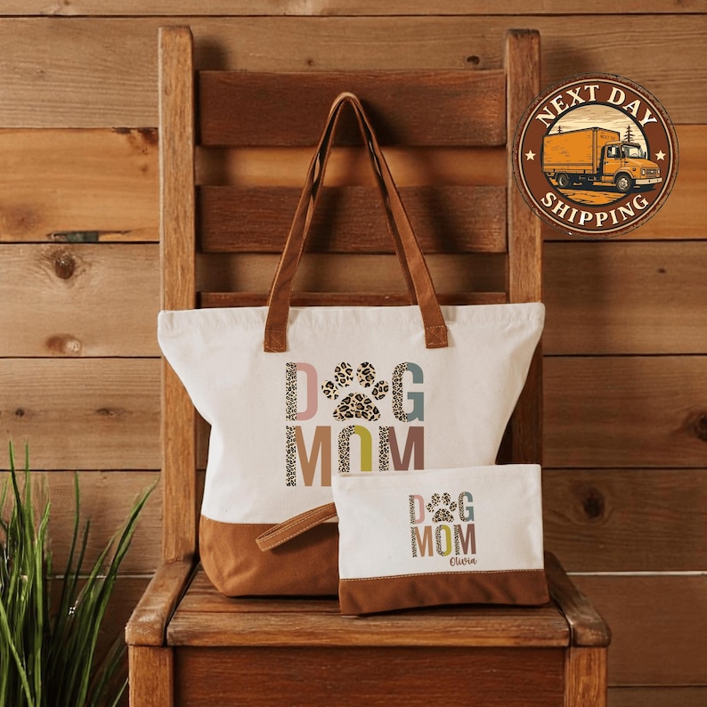 A wooden chair with a tote bag and a small bag on it, placed against a wooden wall.