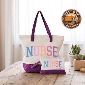 May include: A canvas tote bag and matching pouch set. The tote bag and pouch are off-white with purple accents and handles. The word "NURSE" is printed in colorful letters on both items. The pouch has the word "CUSTOM" printed below "NURSE".