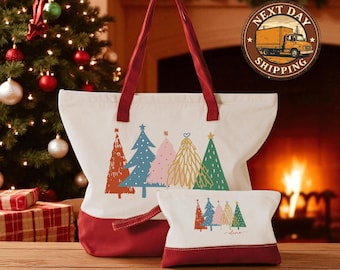 Custom Christmas Tree Canvas Tote Bag, Festive Holiday Shopping, Personalized Christmas Gift, Family Christmas Bag