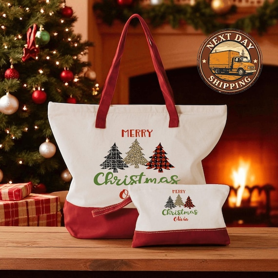 Vintage Christmas Tote Bag, Retro Holiday Canvas Shopping Bag, Family Christmas Bag