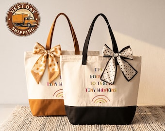 Tiny Human Tamer Canvas Tote Bag, Preschool Teacher Work Tote, Early Education Essentials Bag, Teacher Gift Tote