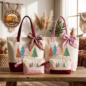 Custom Christmas Tree Canvas Tote Bag, Festive Holiday Shopping, Personalized Christmas Gift, Family Christmas Bag