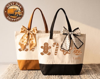 Christmas Gingerbread Canvas Tote Bag, Holiday Treat Tote, Festive Cookie Lover Bag, Seasonal Christmas Gift Tote, Cozy Winter Bag