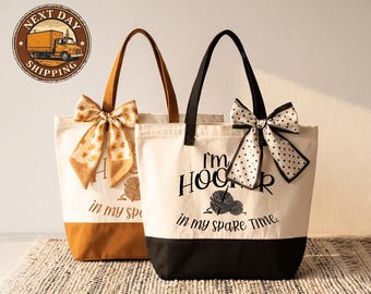 Knitting Crochet Canvas Tote Bag, Yarn Lover Tote, Handmade Craft Tote, Knitting Project Bag, Crochet Supplies Tote