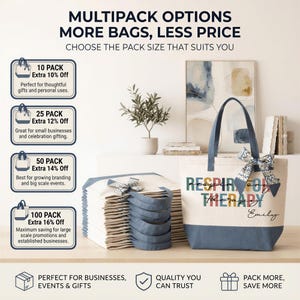 The image is an advertisement for a product called "RESPIRatory Therapy" that offers multiple pack options with different prices. It features a stack of blue and white tote bags and a handbag, along with a potted plant and a painting on the wall. The ad highlights the benefits of the product, such as the ability to choose the pack size that suits the user and the convenience of purchasing multiple bags at a reduced price.