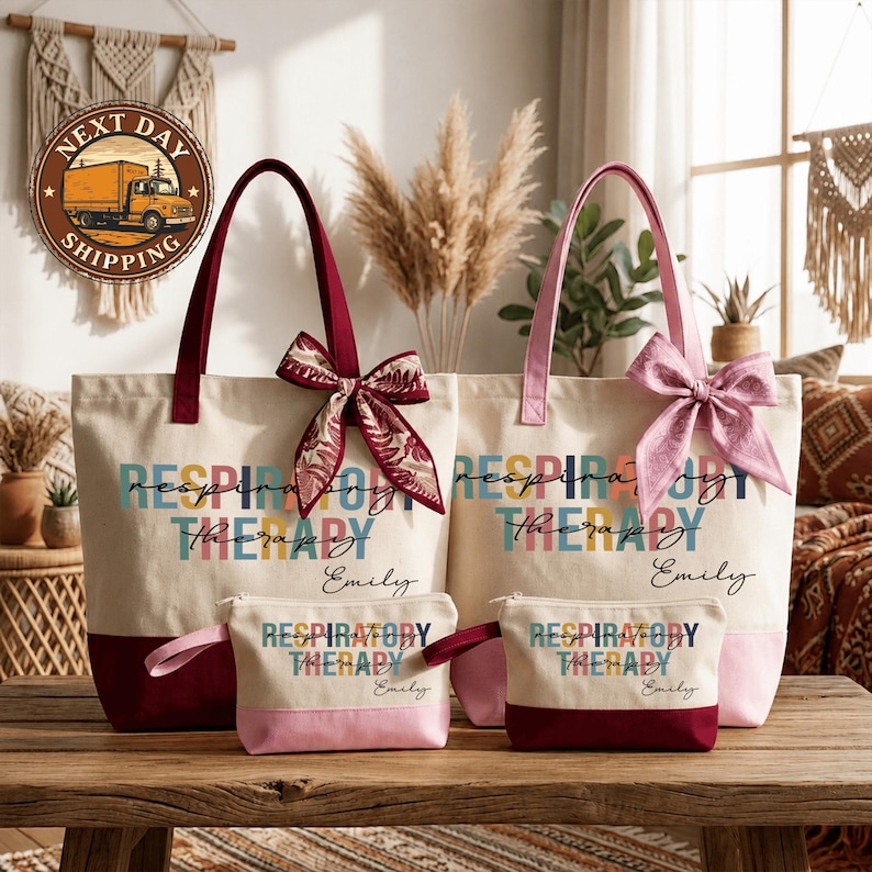 a set of three tote bags with personalized text, placed on a wooden surface.