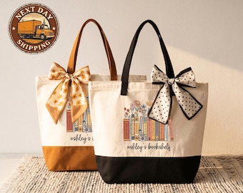 Custom Bookshelf Tote Bag, Custom Book Titles, Librarian Gift Bag, Floral Bookish Tote, Reading Lover Present Bag, Library Gift Bag