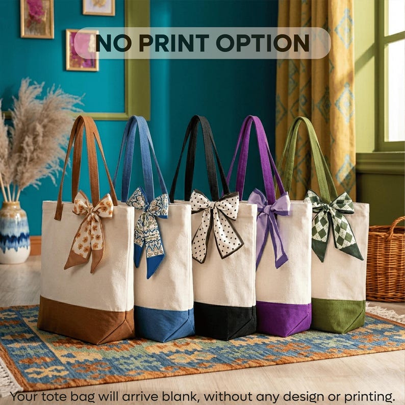 A row of colorful tote bags with bows, placed on a patterned rug, with a "NO PRINT OPTION" sign above them.