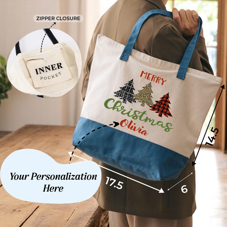 a person holding a tote bag with a Christmas tree design, and there is a zipper closure visible. The bag is described as having a personalized Christmas tree design, and the person is shown wearing a brown jacket. The image also includes measurements and text indicating the size of the bag and the person's waist.