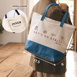 a woman carrying a tote bag with measurements
