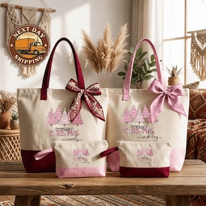Custom Pink Merry Christmas Tree Tote Bag, Festive Pink Tree Illustration, Winter Shopping, Seasonal Markets