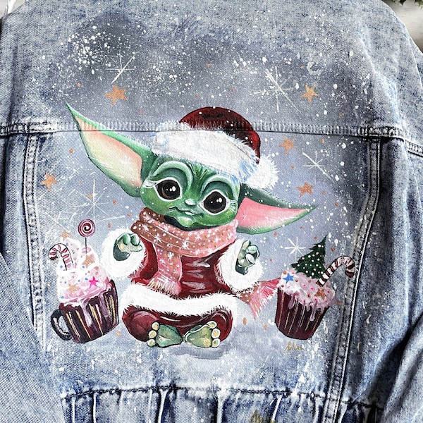 Baby Yoda custom, custom jacket, hand made,  hand paint, malowanie ubrań,kurtka jeansowa