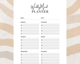 Minimalist Weekly Meal Planner | Digital Printable | PNG & PDF