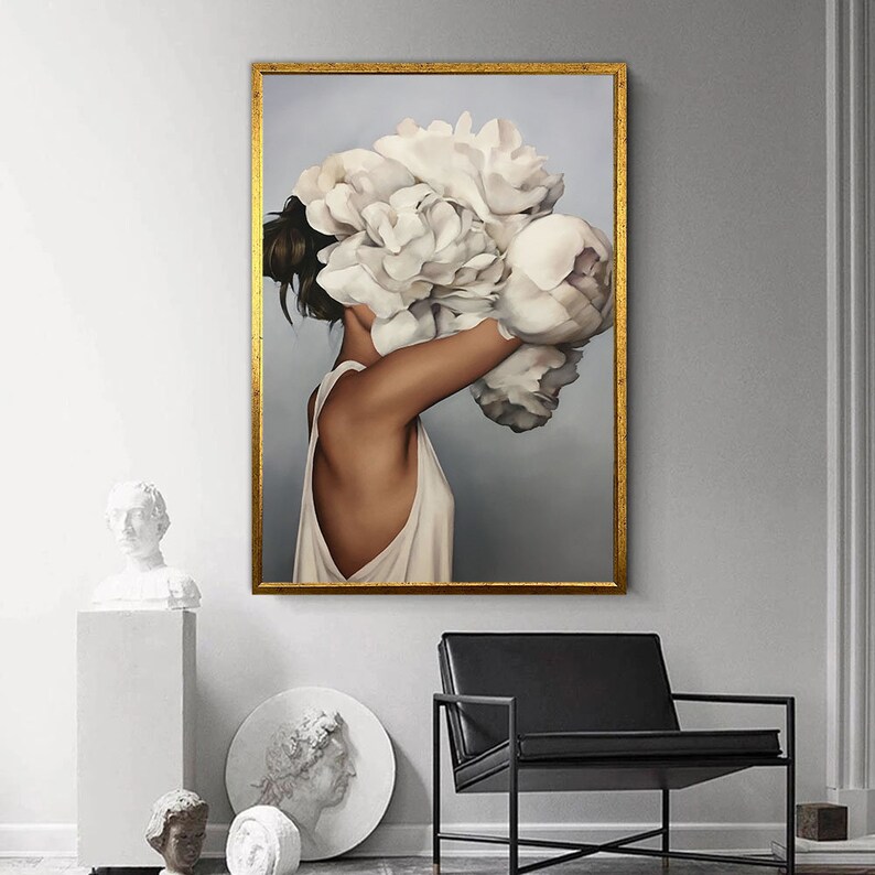 Woman and White Rose Canvas Art Floral Woman Art White Rose Etsy