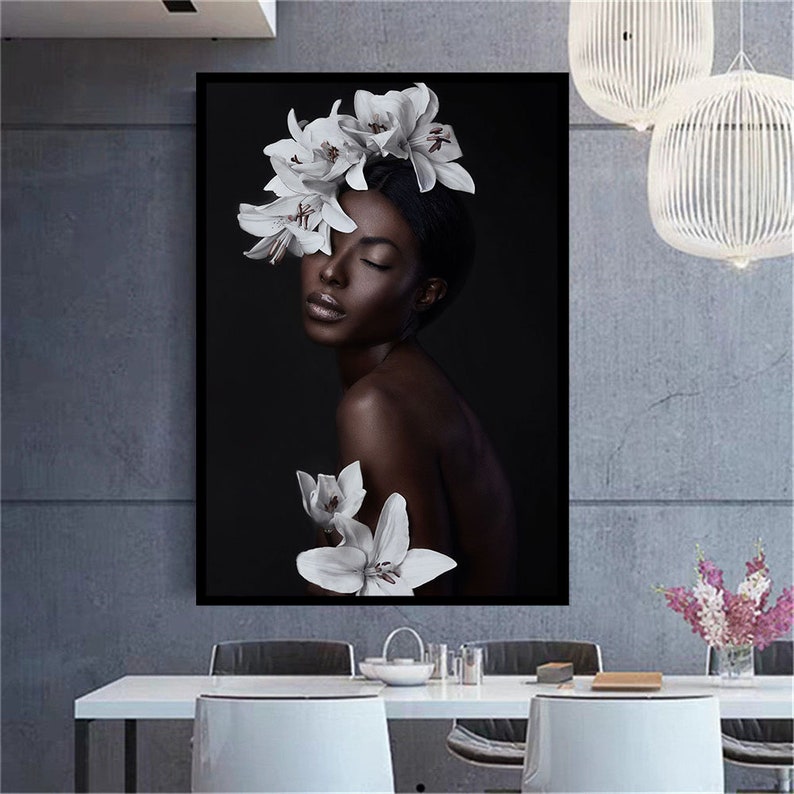 African American Canvas Wall Art Black Girl Head Flower Etsy