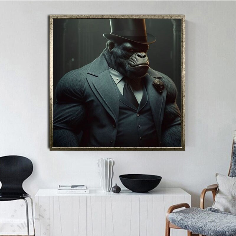 Gorilla in Suit Canvas Print Art, Mafia Gorilla, Gorilla in Hat Ready