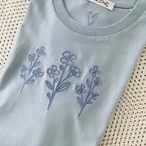Embroidered Organic Cotton forget me not T-Shirt, Flowers, Forget me not, Women&#39;s, Unisex, Tee, Crew Neck, Gift