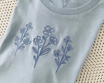 Embroidered Organic Cotton forget me not T-Shirt, Flowers, Forget me not, Women's, Unisex, Tee, Crew Neck, Gift