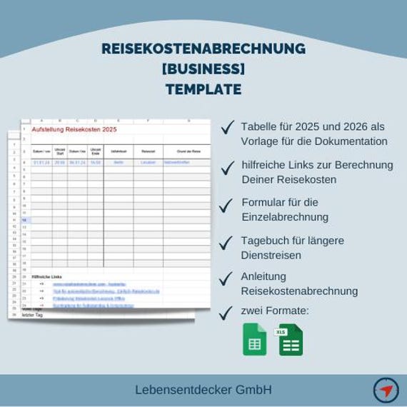 Vorlage Reisekostenabrechnung 2025 + 2026 [Business] | Tabelle Excel + Google Sheets