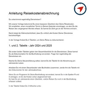 May include: A black and white document with the title "Anleitung Reisekostenabrechnung" and text about business travel expenses. The document includes a compass icon in the top right corner.
