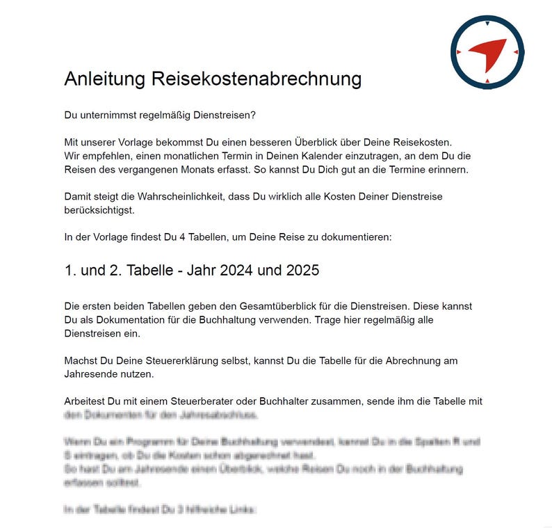 May include: A black and white document with the title "Anleitung Reisekostenabrechnung" and text about business travel expenses. The document includes a compass icon in the top right corner.