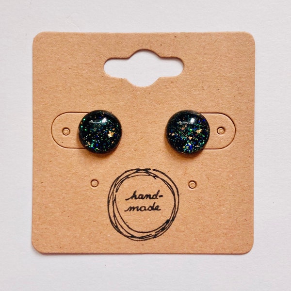 Handmade, black and gold leaf, glass effect stud earrings