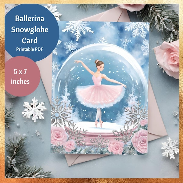 Ballerina Snowglobe Winter Wonderland Card | Printable Instant Download | Christmas Holiday Blank Greeting Card
