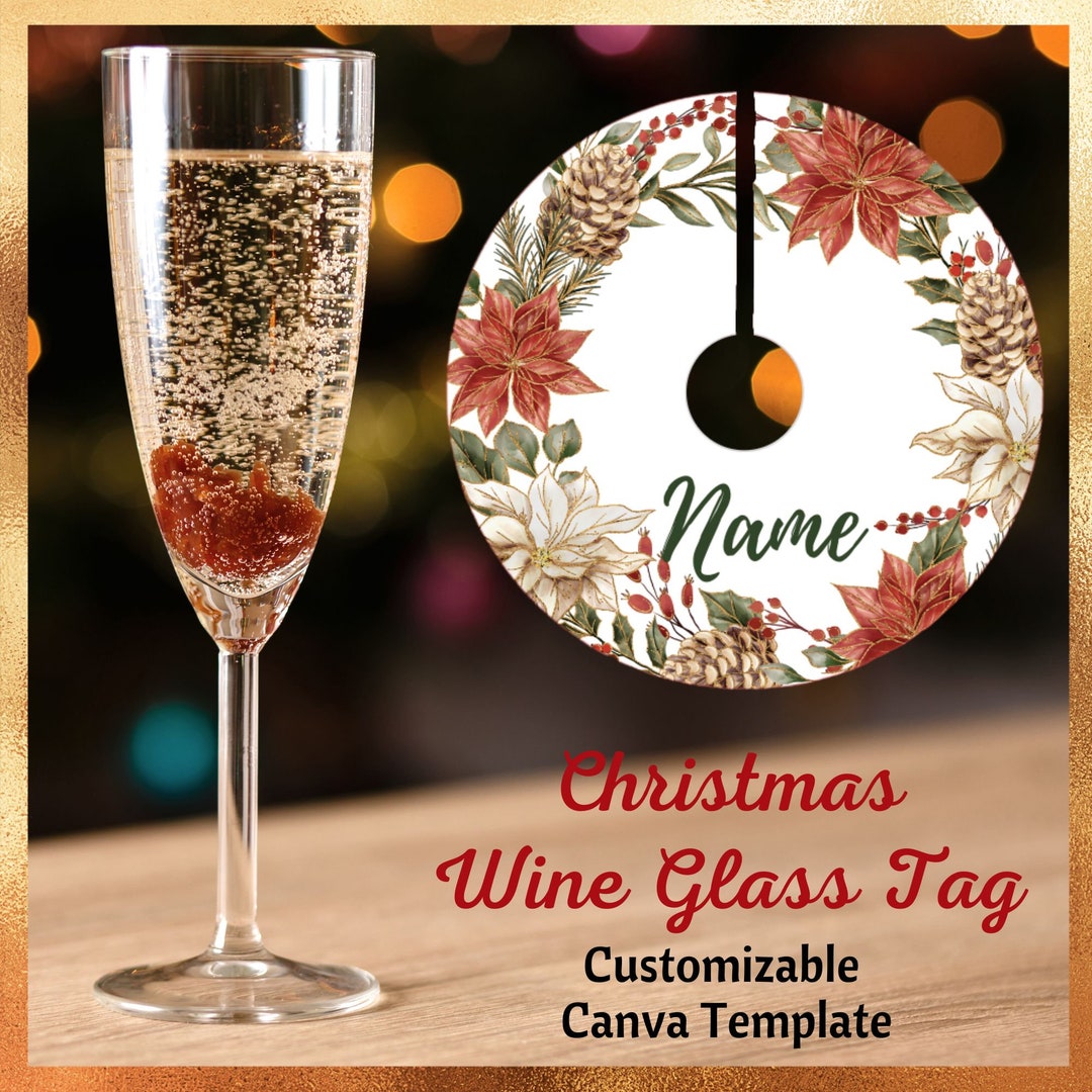 Gold Poinsettia Christmas Wine Glass Name Tag Label Etsy