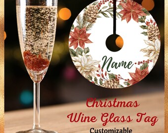 Gold Poinsettia Christmas Wine Glass Name Tag: Printable Canva Template