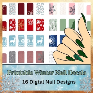 May include: Printable winter nail decals with 16 digital designs. The designs include snowflakes, deer, and festive ornaments in red, white, blue, and silver. A hand with green nails is in the image.