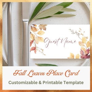 Tarjeta para colocar el nombre del invitado con hojas de otoño / Plantilla de Canva personalizable e imprimible / Decoración de mesa para otoño, Acción de Gracias, Halloween, bodas y cenas
