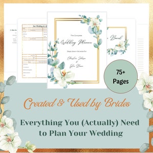 May include: A wedding planner with a gold frame and floral accents. The cover reads "The Complete Wedding Planner" and includes the names Christina Johnson and Tyler Brown. The planner has over 75 pages and the text "Created & Used by Brides" is also visible.