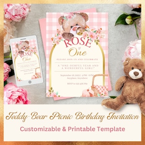 Teddybär Picknick Rosa Geburtstags-Babyparty-Einladung | Druckbare Canva Vorlage | Rosa, Weiß-Gold Gingham, Baby Girl Digital Party Evite